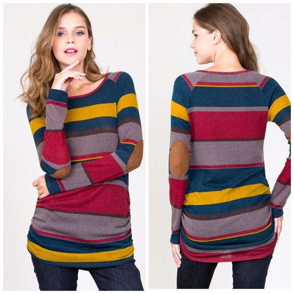 ❤️ LAST 1! Striped Ruche Side Elbow Patch Tunic! - Picture 4 of 7